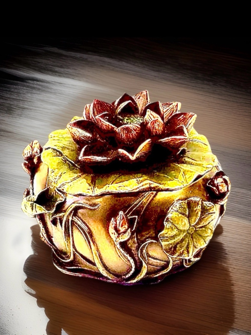 Decorative Vintage 80’s Bronze Lotus Jewelry Box - Brown with colored highlights